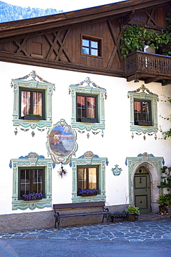 Traditional old 18th century Tyrolean house built in 1787 in the town of Oetz in the Tyrol, Austria, Europe