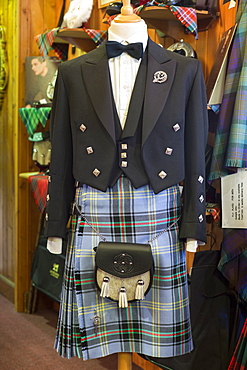 Traditional Highland Dress, Bell of the Borders clan tartan with sporran and Prince Charlie jacket, for sale at Lochcarron Weavers shop in the Highlands of Scotland, United Kingdom, Europe