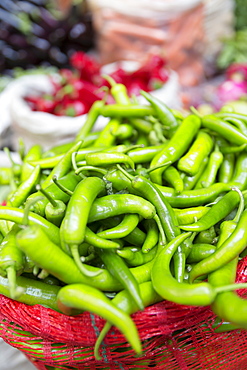 Green chillies on display for sale at food and spice market in Kadikoy district on Asian side of Istanbul, Turkey, Asia Minor, Eurasia