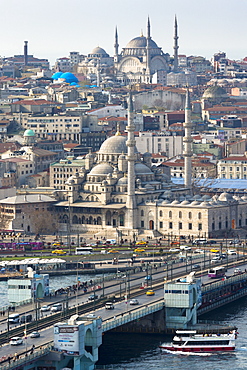 Yeni Camii, the Great Mosque, Blue Mosque (behind), Golden Horn, ferry boat on Bosphorus, Istanbul, Turkey, Europe, Eurasia