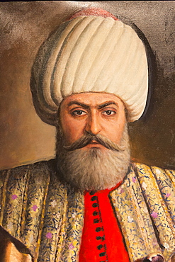 Portrait painting of Sultan Osman Bey (Osman I) (Osman Gazi), leader of the Ottoman Empire, Military Museum, Istanbul, Turkey, Europe