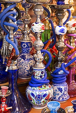 Hookah Turkish tobacco smoking water pipes (nargile), The Grand Bazaar, (Great Bazaar) (Kapali Carsi), in Beyazi, Istanbul, Turkey, Europe