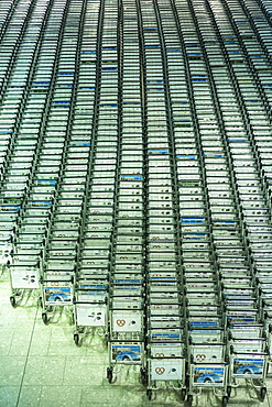 Generic shot of hundreds of luggage trolleys at an airport, United Kingdom, Europe