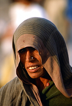 A woman with her head covered by a veil and with a jewel stud in her nose, Delhi, India