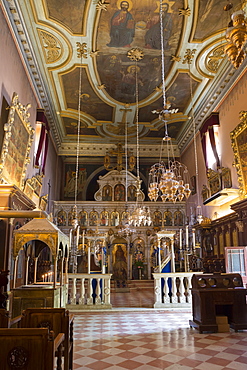 Ornate Greek Orthodox church with religious icons at Paleokastritsa Monastery, dating from the 13th century in Corfu, Greek Islands, Greece, Europe