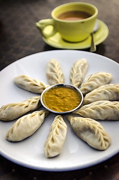 Momos and milk tea, Kathmandu, Nepal, Asia 