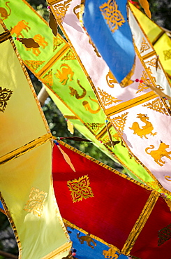 Thai New Year decorations blow in the wind, Wat Chedi Luang, Chiang Mai, Thailand, Southeast Asia, Asia 