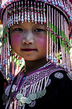 A girl in traditional hilltribe costume, Wat Phra That Doi Suthep, Chiang Mai, Thailand, Southeast Asia, Asia