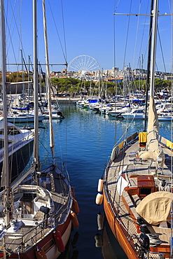 Vieux Port with many yachts, big wheel, Antibes, from Bastion St.-Jaume, Antibes, French Riviera, Cote d'Azur, Provence, France, Europe