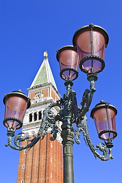 Campanile (belltower) and street lamp, Piazza San Marco (St. Mark's Square), Venice, UNESCO World Heritage Site, Veneto, Italy, Europe