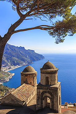 Iconic Amalfi Coast, church and umbrella pine from Villa Rufolo Gardens, Ravello, UNESCO World Heritage Site, Campania, Italy, Europe