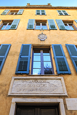 Maison Bonaparte, yellow with blue shutters, Napoleon's birth place, now a national museum, Ajaccio, Island of Corsica, France, Europe