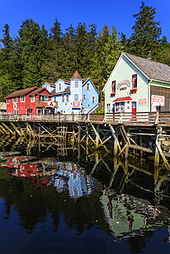 Creek Street, Ketchikan Creek boardwalk reflections, historic red-light district, beautiful sunny day, Ketchikan, Alaska, United States of America, North America