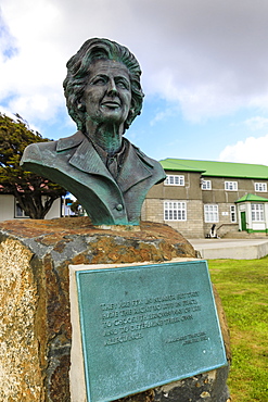 Margaret Thatcher bronze statue, brass plaque, Secretariat, Central Stanley, Port Stanley, Falkland Islands, South America