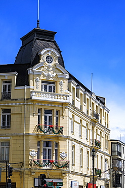 Opulent mansion on a sunny day, blue sky, Plaza Munoz Gamero (Plaza de Armas), Punta Arenas, Magallanes, Chile, South America