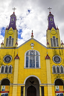 Yellow Iglesia San Francisco de Castro church, UNESCO World Heritage Site, Castro, Isla Grande de Chiloe, Chile, South America