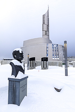 Northern Lights Cathedral, striking architecture, snow in winter, Alta, Altafjord, Finnmark, Arctic Circle, North Norway, Scandinavia, Europe