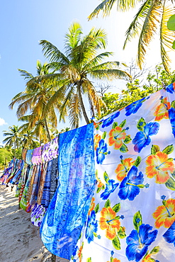 Beautiful hanging backlit wraps, white sand beach, palm trees, Saltwhistle Bay, Mayreau, Grenadines, St. Vincent and The Grenadines, Windward Islands, West Indies, Caribbean, Central America