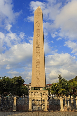 Egyptian Obelisk with hieroglyphics and base frieze, Hippodrome, August early morning, Sultanahmet District, Istanbul, Turkey, Europe