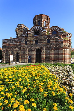 Flower border, Church of Christ Pantokrator, Nesebar (Nessebar), UNESCO World Heritage Site, Black Sea Coast, Bulgaria, Europe