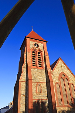 Christ Church cathedral and whalebone arch, Stanley, East Falkland, Falkland Islands, South America 