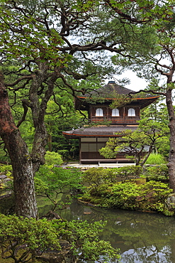 Ginkaku-ji (Silver Pavillion), classical Japanese temple and garden, main hall, pond and leafy trees in summer, Kyoto, Japan, Asia