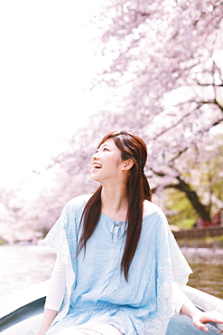 Japanese woman on a rowing boat with cherry blossoms in the background