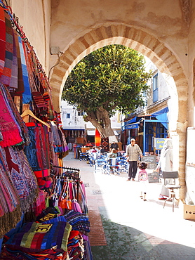 Handicrafted textiles for sale in the Medina of Essaouira, Morocco