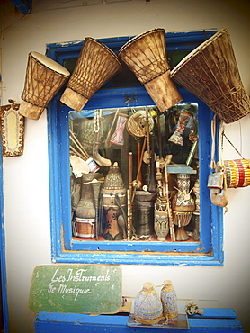 Handicrafted musical instruments for sale in the Medina of Essaouira, Morocco