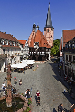 View of market square near City hall in Michel City, Odenwald, Hesse, Germany