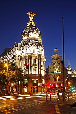 View of neoclassical houses at dusk, Madrid, Spain, long exposure