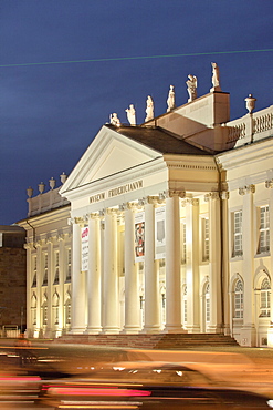 Facade of Fridericianum illuminated in evening, Kassel, Hessen, Germany