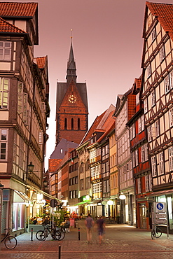 View of Market church and half-timbered houses on Kramer Street, Hannover, Germany