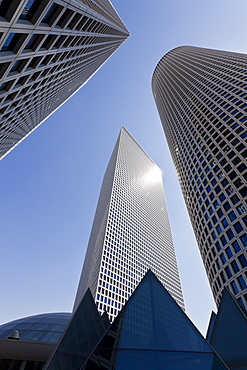 Low angle view of Azrieli Center and circular tower in Tel Aviv, Israel