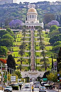 View of Shrine dome with steps and palm trees at Bahai Garden, Haifa, Israel