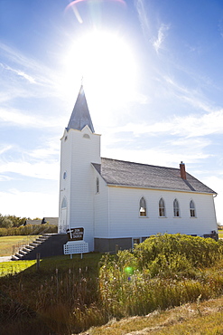 View of white church along Highway 731, Saskatchewan, Canada