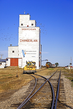 View of granary and railway line in Chamberlain, Saskatchewan, Canada