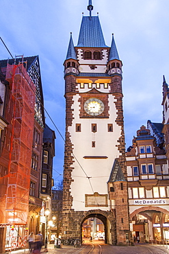 View of buildings and St. Martin's Gate of Freiburg, Germany