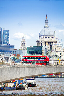 London double decker bus crossing Waterloo Bridge with the dome of St. Paul's Cathedral behind, London, England, United Kingdom, Europe