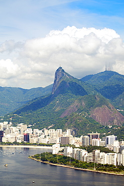 Aerial view of  Botafogo Bay, Corcovadao and the Christ statue, Rio de Janeiro, Brazil, South America