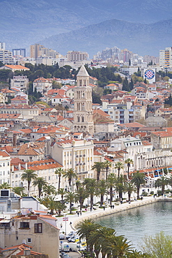 View of harbour and town centre showing the steeple of the cathedral of St. Duje, Split, Dalmatia, Croatia, Europe