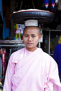 Buddhist nun in traditional robes, Monywa, Sagaing, Myanmar, Southeast Asia