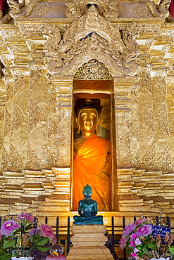 Emerald Buddha and golden Buddha in the main bot of historic Wat Phra That Lampang Luang temple, Lampang, Thailand, Southeast Asia, Asia