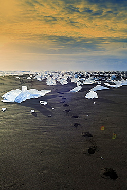 Icebergs on a black sand volcanic beach next to the Jokulsarlon glacial lake in Vatnajokull National Park in southeast Iceland, Polar Regions