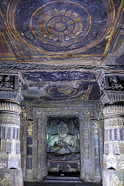 Buddha statue and painting in the Ajanta Caves, UNESCO World Heritage Site, Maharashtra, India, Asia