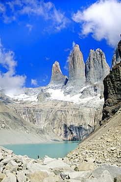 A glacial lake and the rock towers that give the Torres del Paine range its name, Torres del Paine National Park, Patagonia, Chile, South America