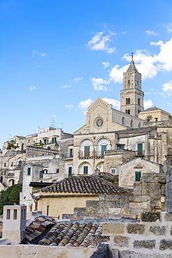 The ancient Matera Cathedral in the historical center called Sassi perched on rocks on top of hill, Matera, Basilicata, Italy, Europe