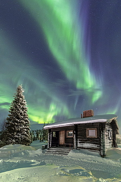 The Northern Lights (Aurora borealis) frame the wooden hut in the snowy woods, Pallas, Yllastunturi National Park, Lapland region, Finland, Europe