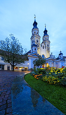 Panoramic of the Cathedral of Brixen (Bressanone) illuminated at night, province of Bolzano, South Tyrol, Italy, Europe