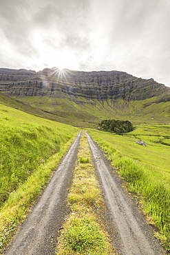 Path through green meadows, Kunoy Island, Nordoyar, Faroe Islands, Denmark, Europe